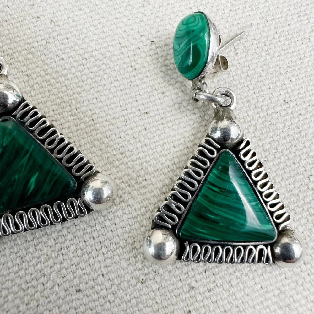NEW‎ Sterling Silver Malachite Earrings Southwestern Pierced  925 Mexico